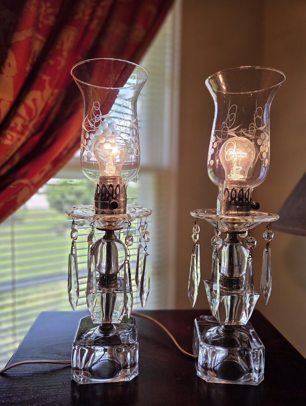 Vintage /Antique Pair of Boudoir Mantle Crystal Prisms Hurricane Table Lamps